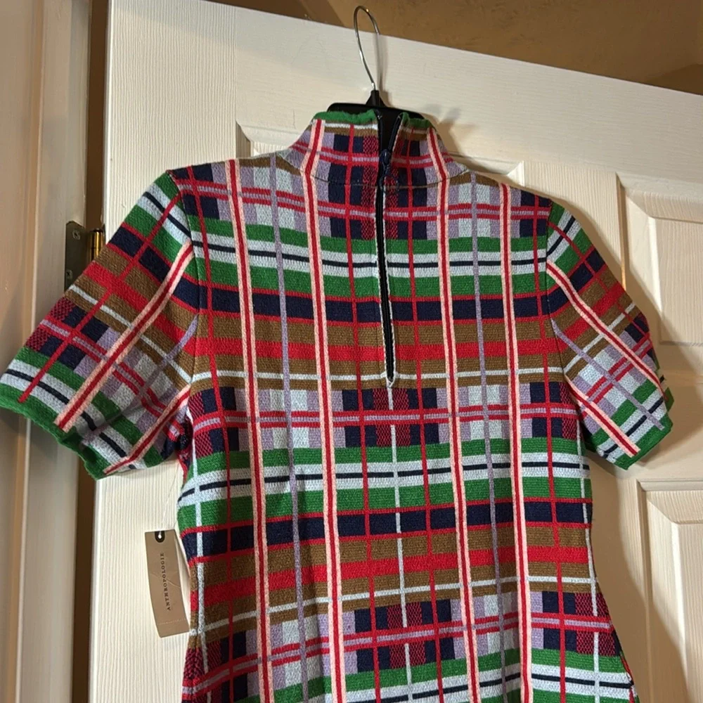 NWT! Anthro Rainbow Plaid Nina Short-Sleeve Mock-Neck Mod Sweater Mini Dress 🎆